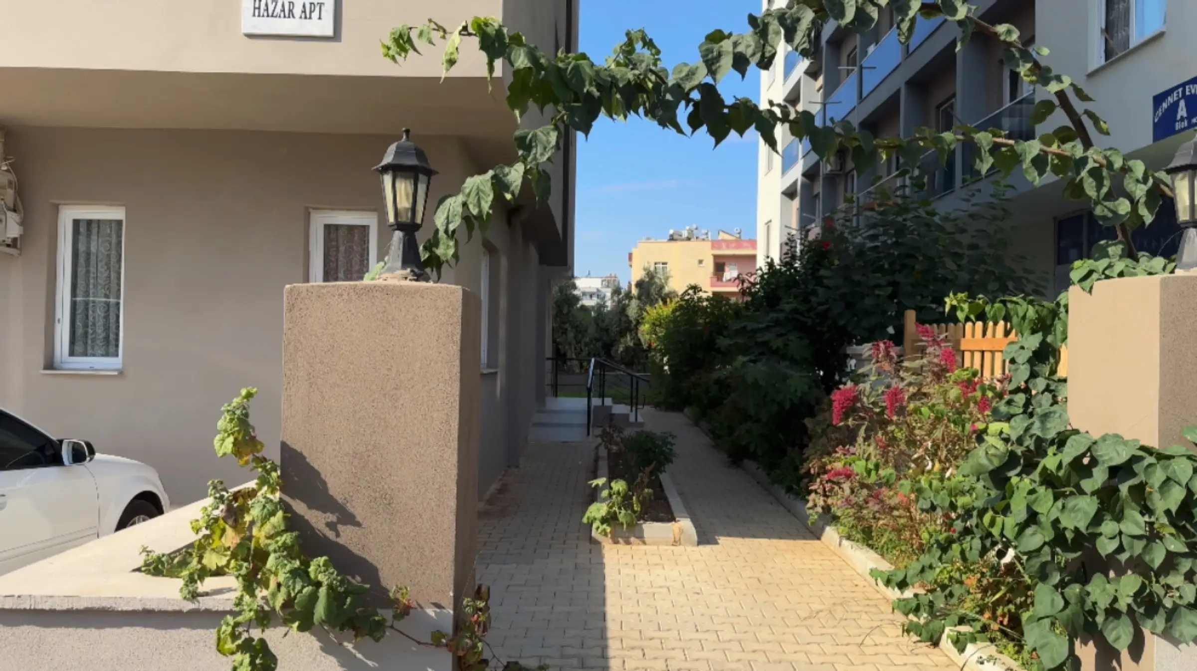 The planted path in front of the building