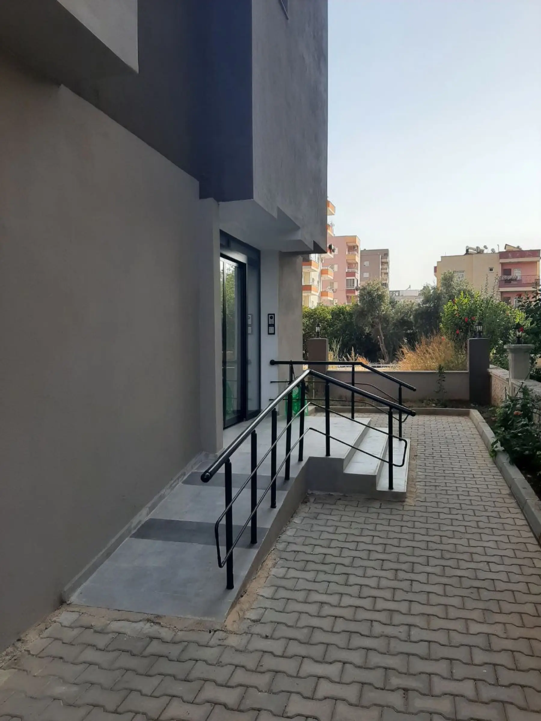 The walkway alongside the building
