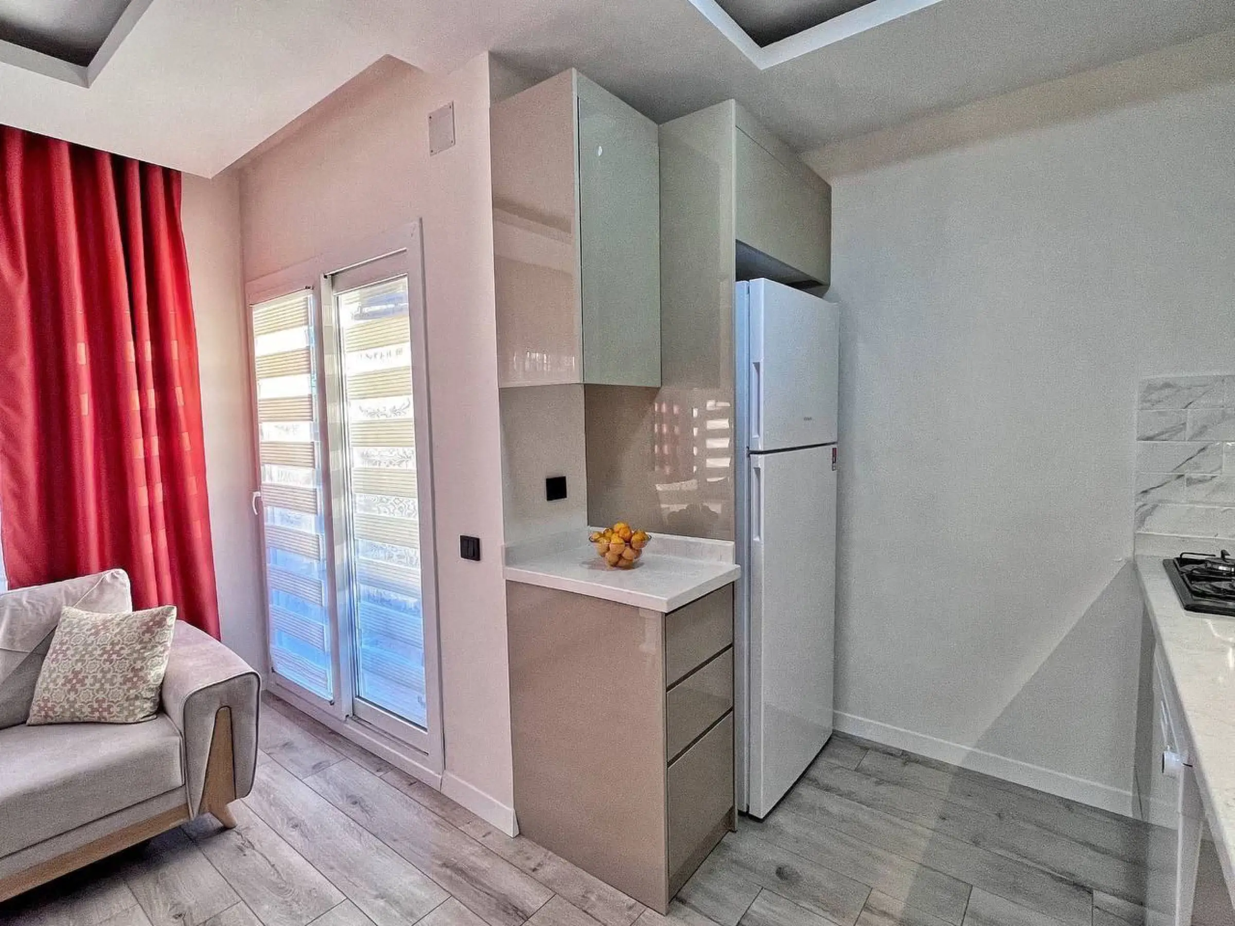 Kitchen units and the fridge-freezer